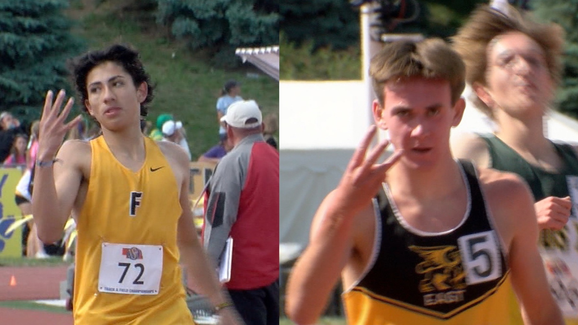 Juan Gonzalez and Braden Lofquest after winning their respective 1600m races at state track meet 2025