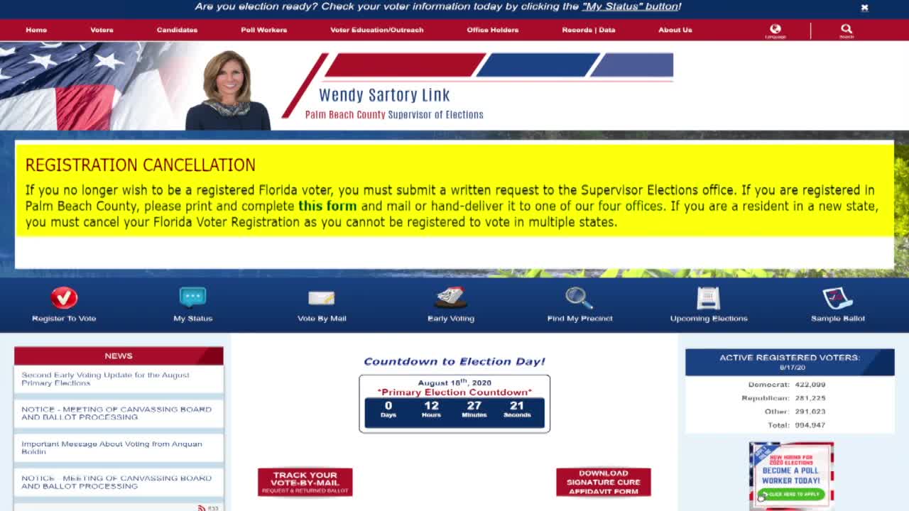 Palm Beach County elections website says voters must cancel registration