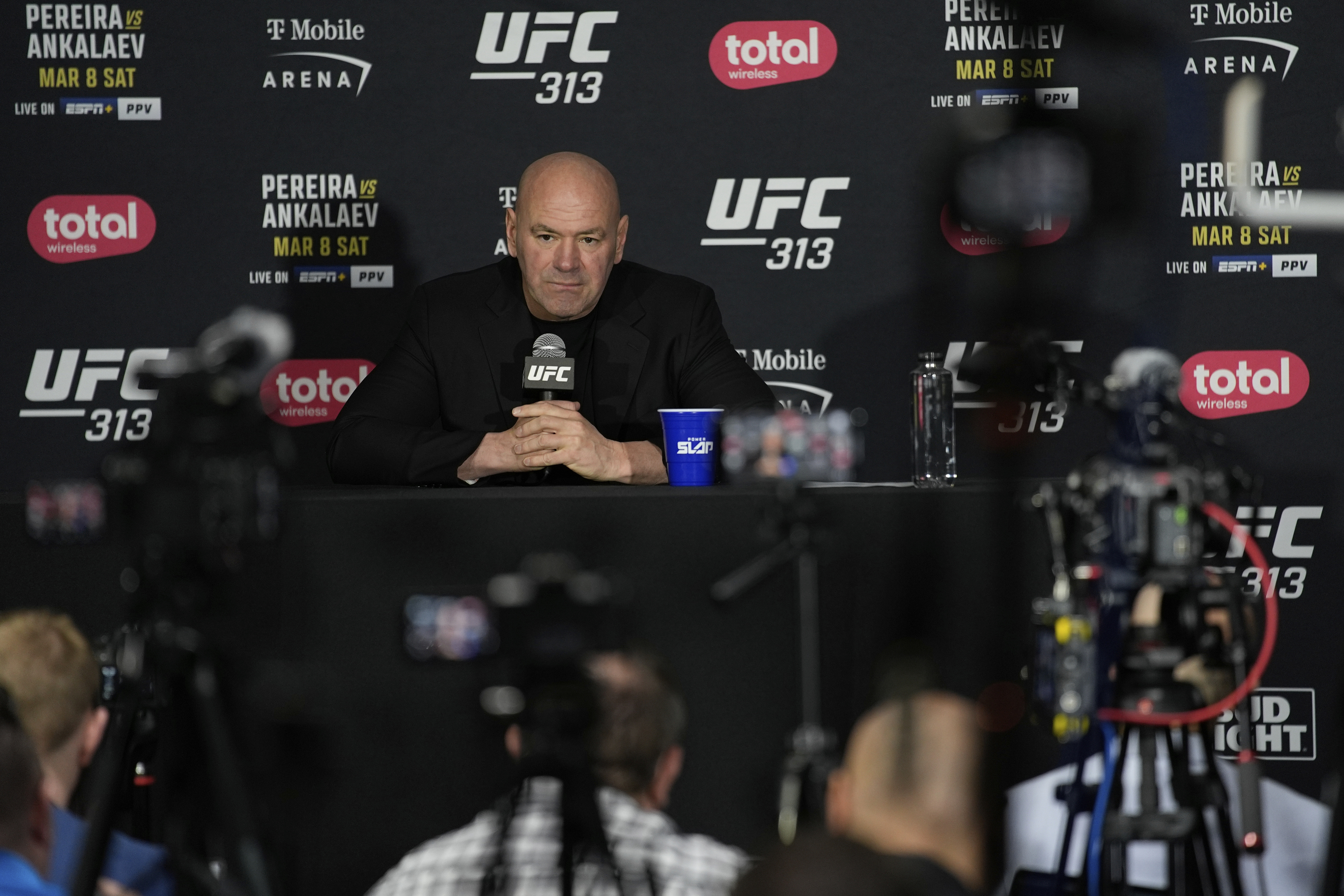 Dana White, CEO of the Ultimate Fighting Championship, speaks during a news conference following the UFC 313 mixed martial arts event Saturday, March 8, 2025, in Las Vegas.