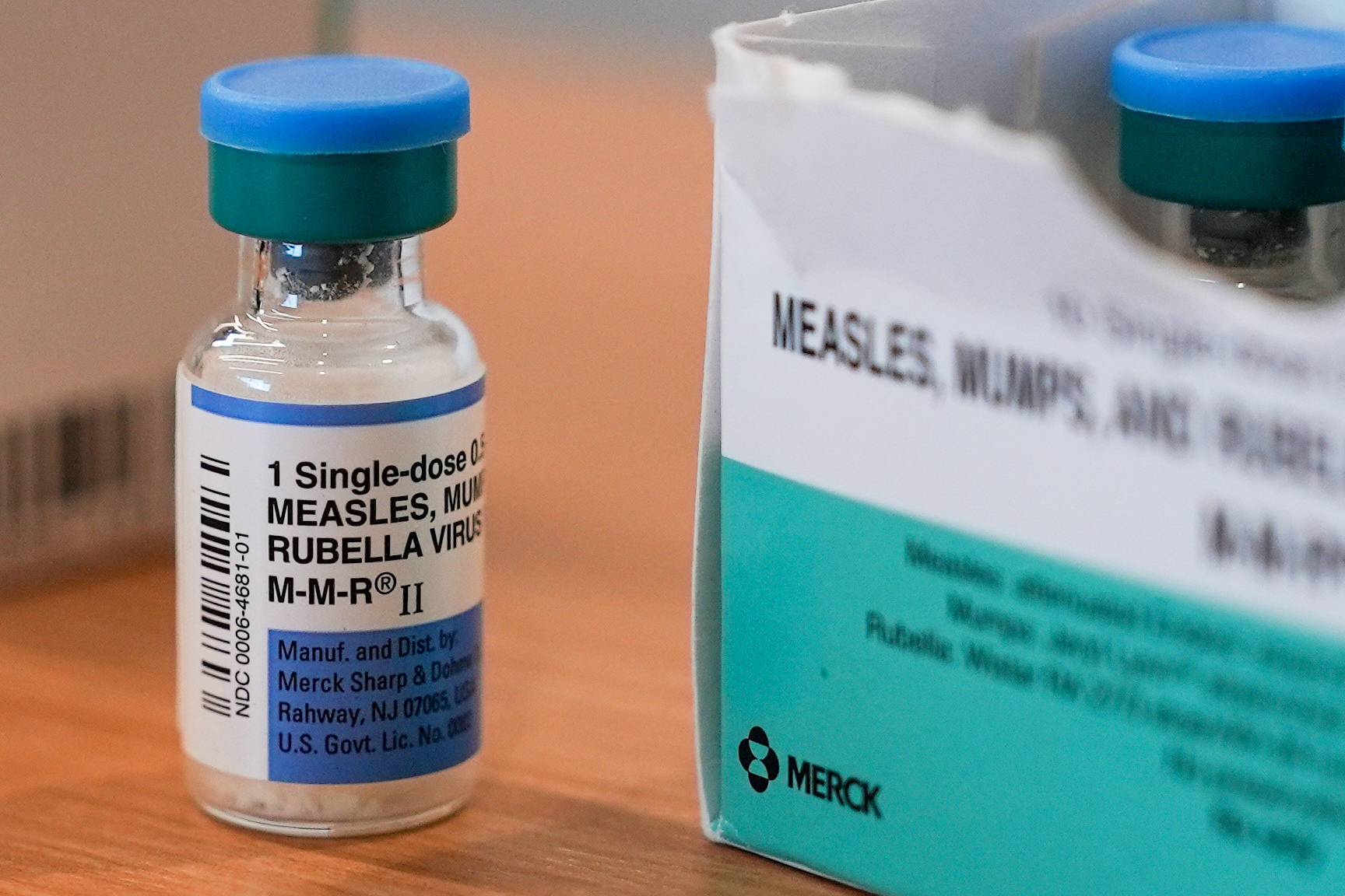 FILE - A vial of the measles, mumps and rubella vaccine is on display at the Lubbock Health Department, Feb. 26, 2025, in Lubbock, Texas.