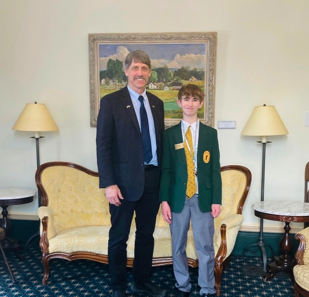 Legislative page Dean Roy is pictured with Vermont Lieutenant Governor John Rodgers on Friday, February 14, 2025, in Montpelier, Vermont. 