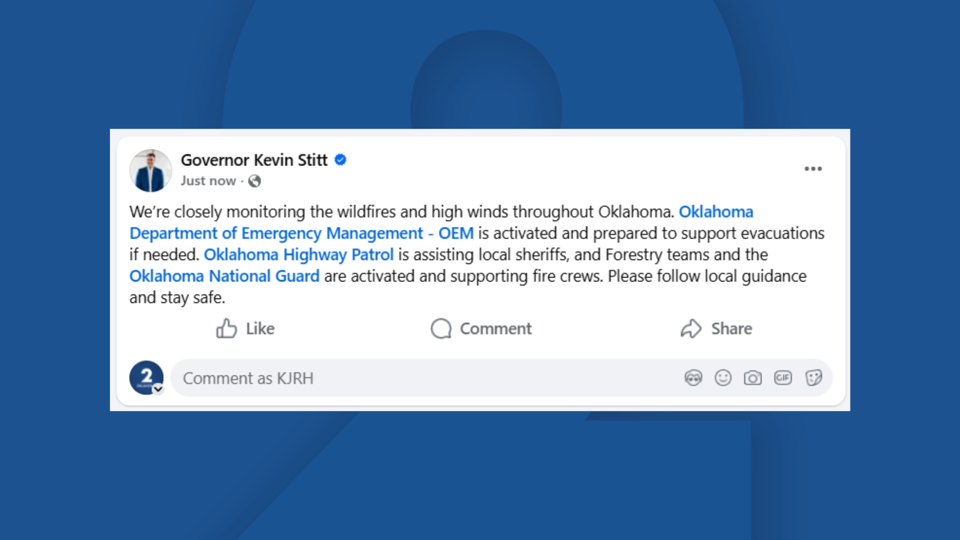 Governor Stitt and Department of Emergency Management monitoring wind and wildfires