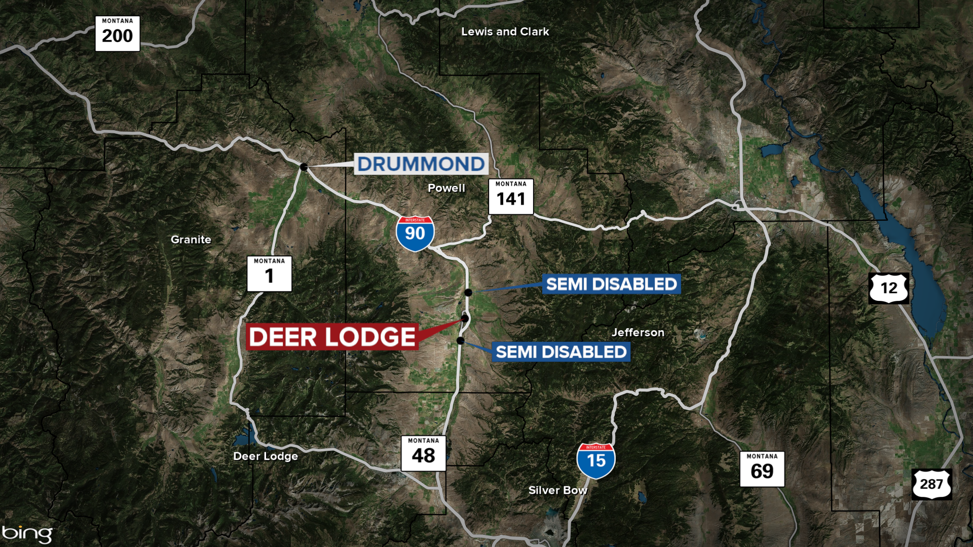 Interstate 90 Deer Lodge Semi-trucks disabled