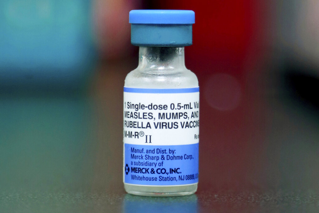 A vial of a measles, mumps and rubella vaccine.