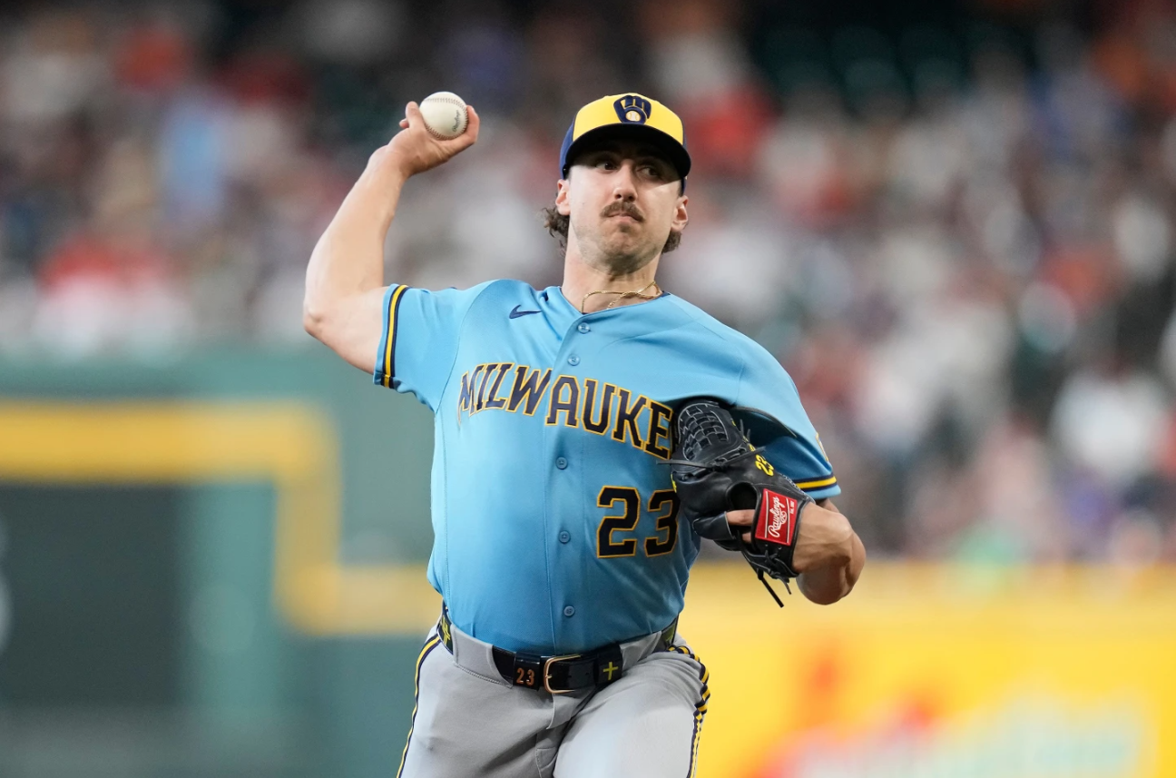 Milwaukee Brewers starting pitcher Brandon Sproat delivers to Houston Astros' Jeremy Peña during the first inning of a baseball game, Saturday, May 30, 2026, in Houston.