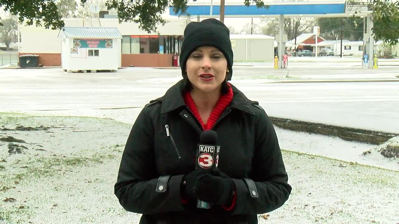 Katie Lopez outside KATC studios during winter weather