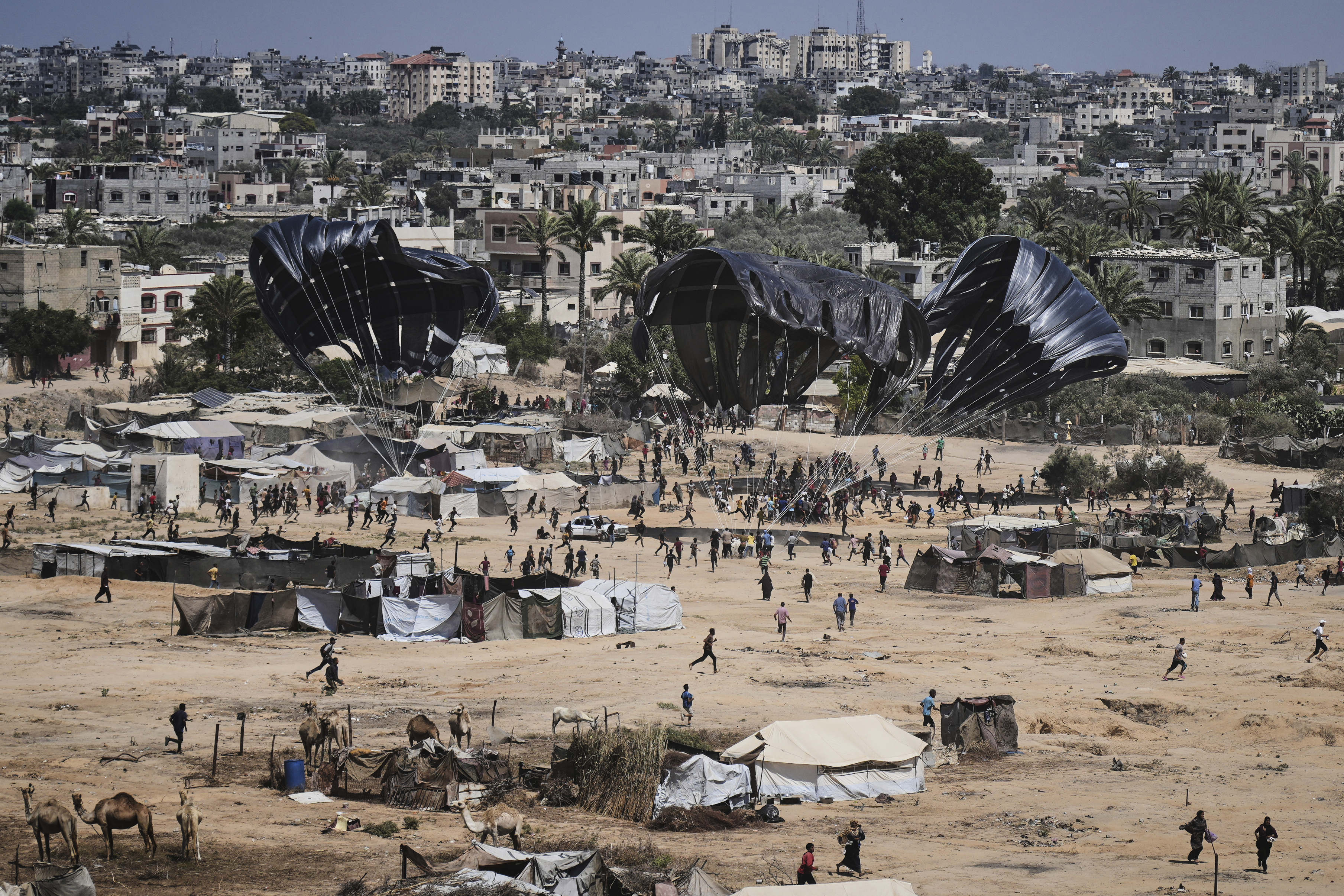Palestinians rush to collect humanitarian aid airdropped into Zawaida in central Gaza Strip, Thursday, July 31, 2025. 