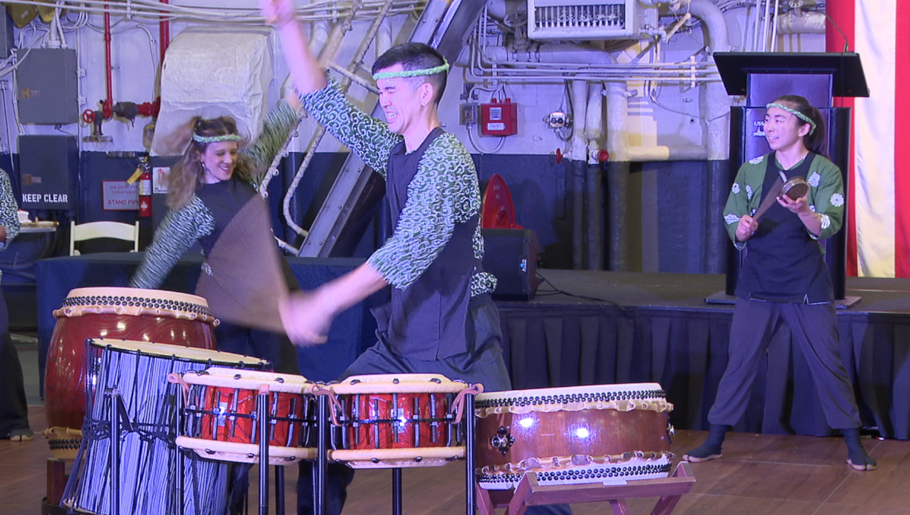 The Naruwan Taiko Drummers performing at the U.S.S. Midway Saturday. 