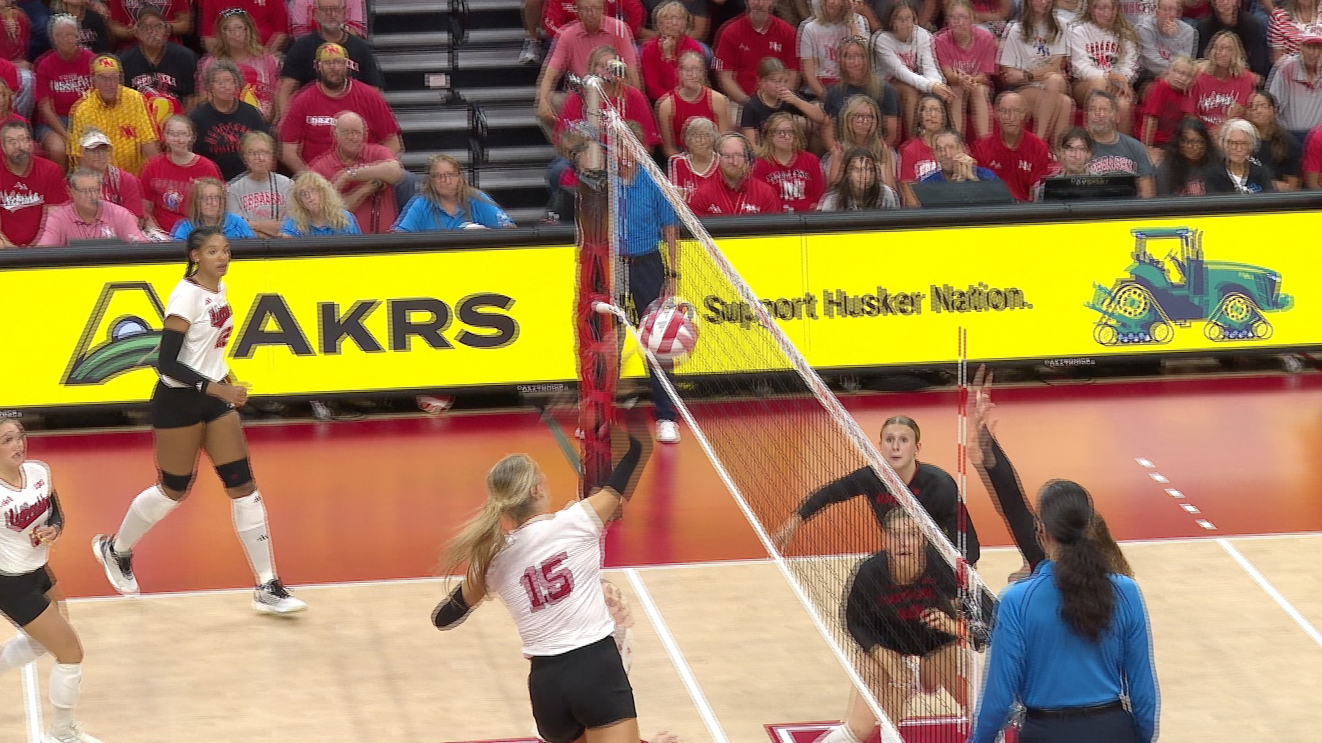 Nebraska volleyball's Andi Jackson goes for a kill at the Devaney Center