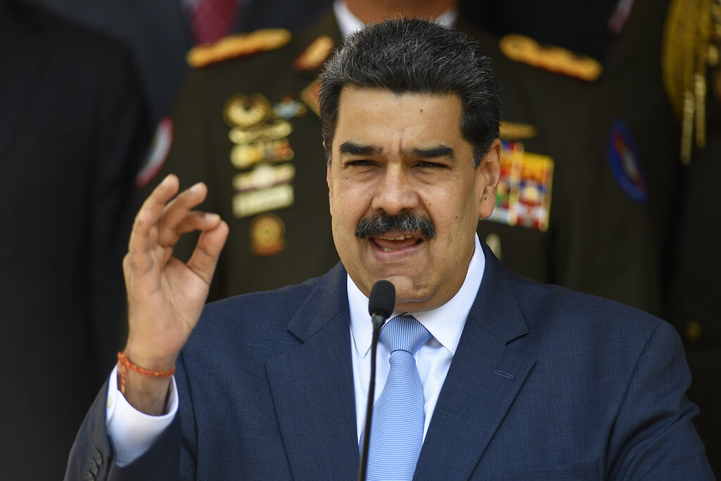 In this March 12, 2020 file photo, Venezuelan President Nicolas Maduro speaks at the Miraflores presidential palace in Caracas, Venezuela. 