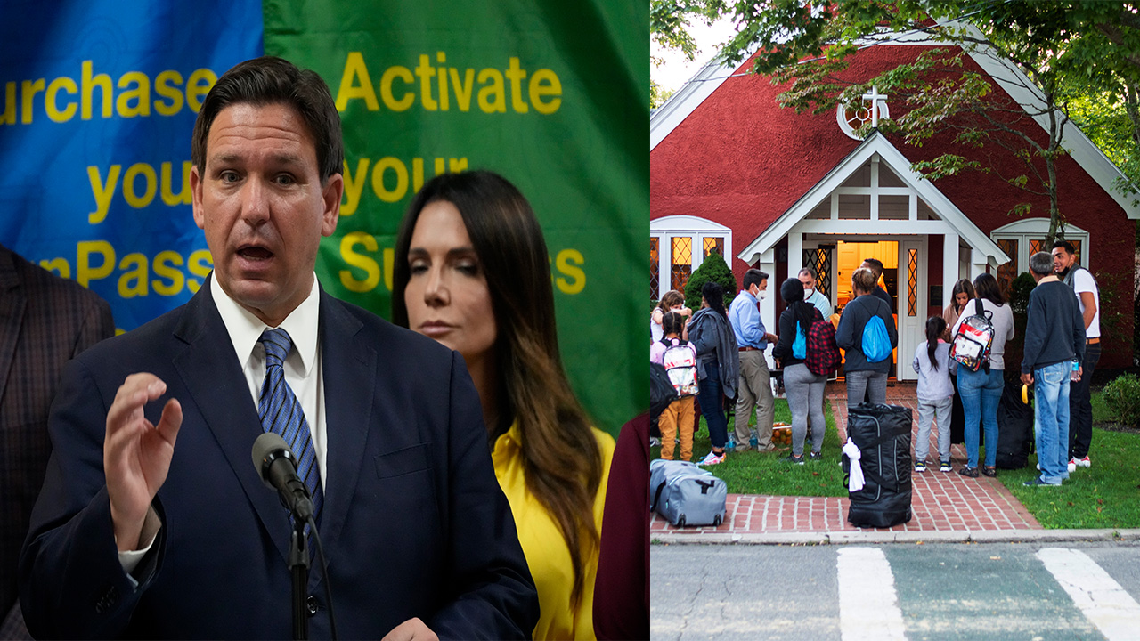 Gov. Ron DeSantis split screen with Martha's Vineyard migrants