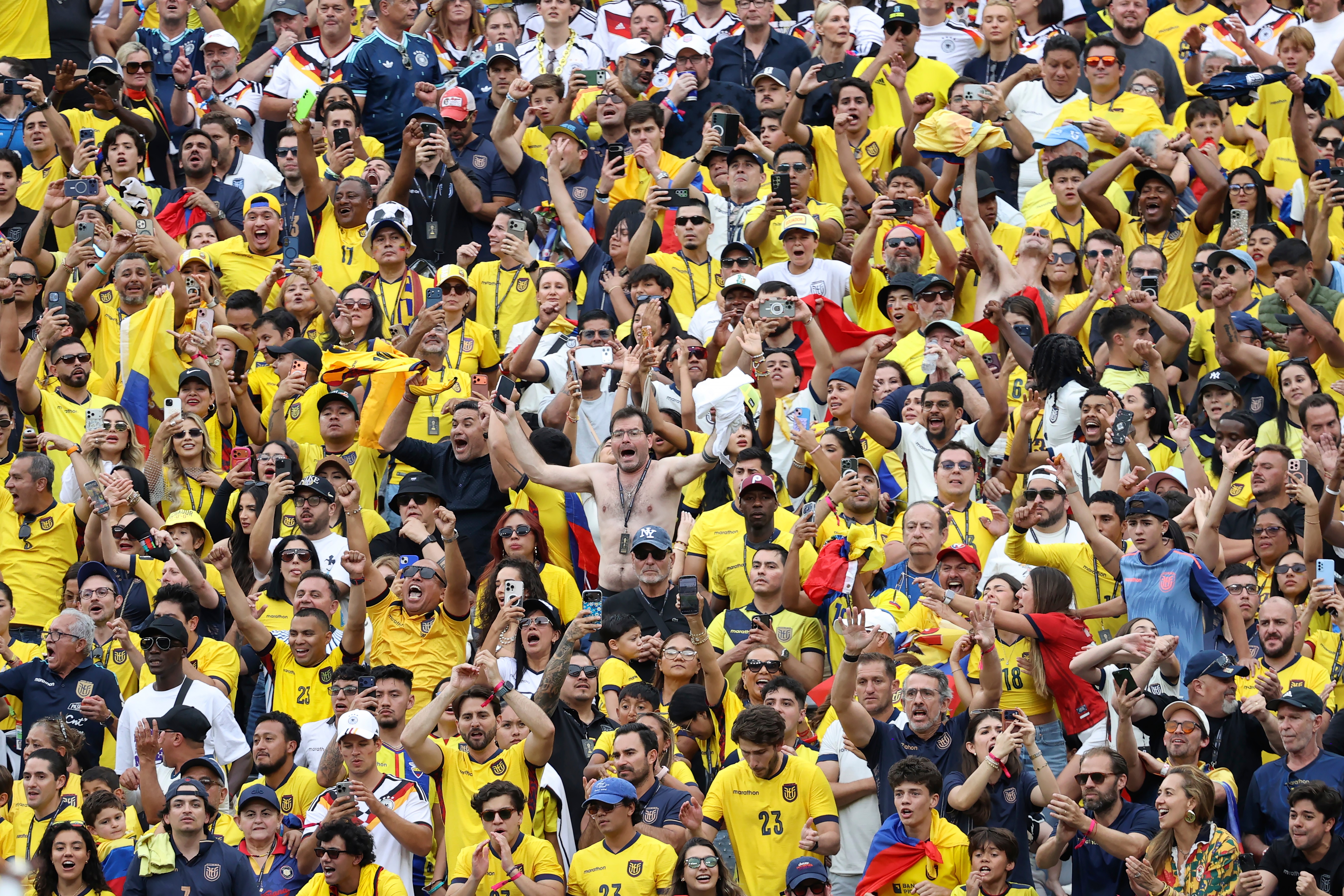 Ecuador fans celebrate a win against Germany after a World Cup Group E soccer match in East Rutherford, N.J., near New York, Thursday, June 25, 2026. 