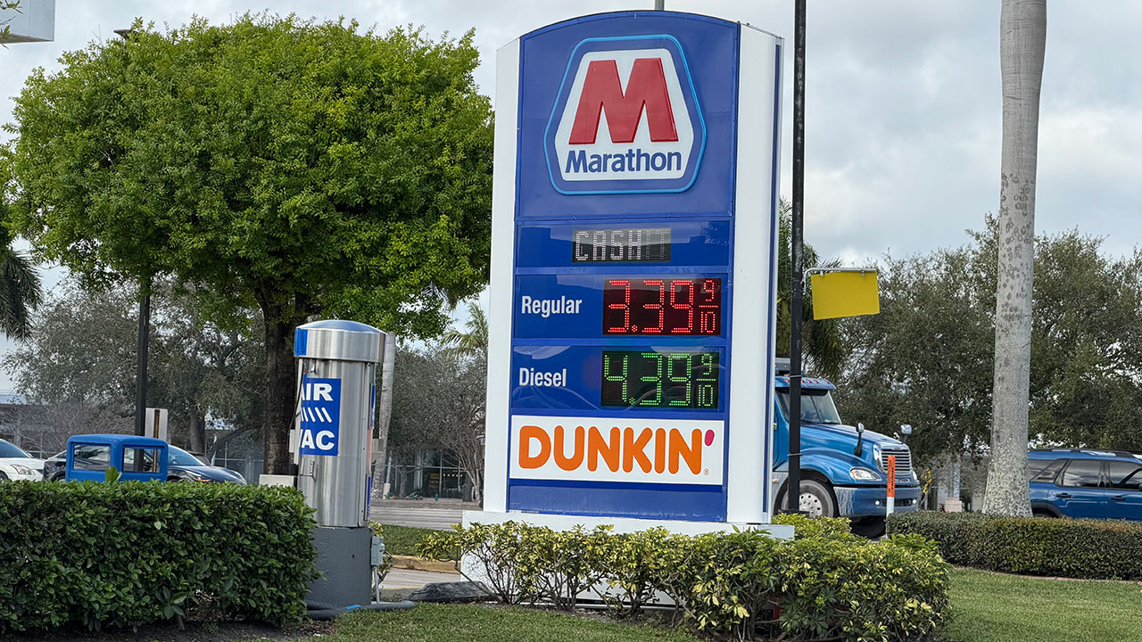 A Marathon gas station along Palm Beach Lakes Boulevard in West Palm Beach was selling fuel at $3.39 a gallon on March 4, 2026.