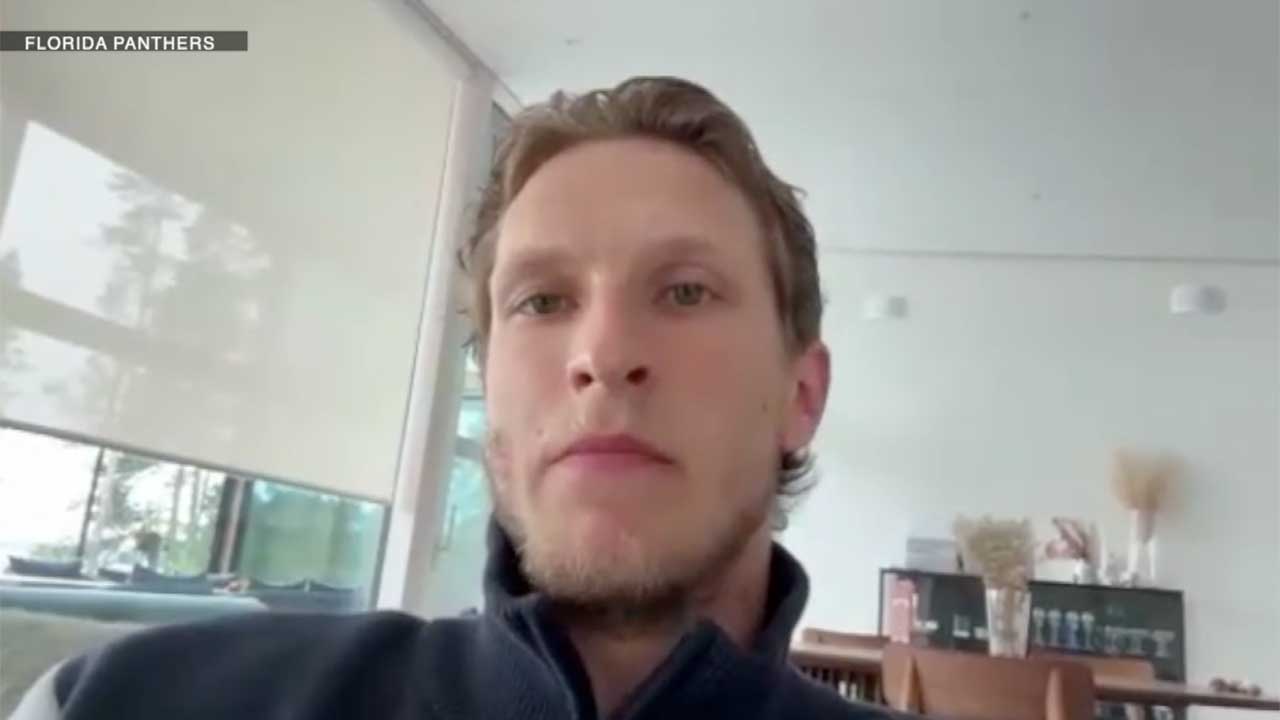 Florida Panthers forward Eetu Luostarinen speaks on July 2, 2026, about his new eight-year contract.