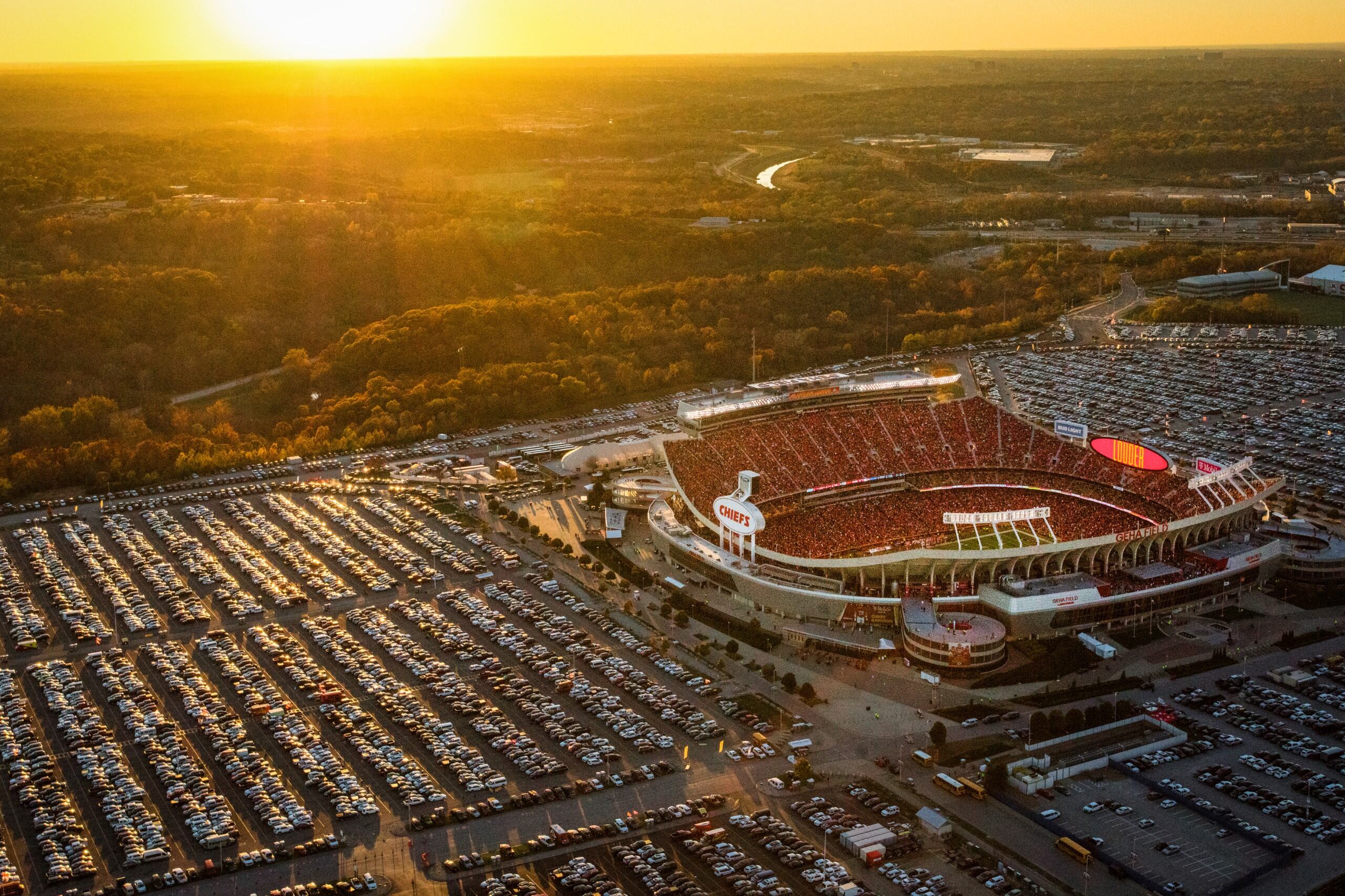 GEHA Field at Arrowhead Stadium at sunset