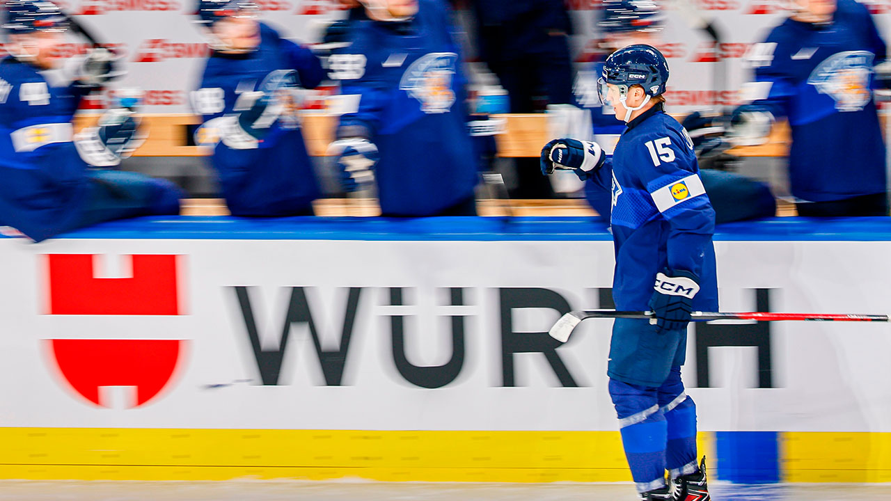 Finland's Anton Lundell, right, celebrates at the bench after scoring during the Group A preliminary round game between Finland and Germany at the men's ice hockey world championship in Zurich, Switzerland, Friday, May 15, 2026.