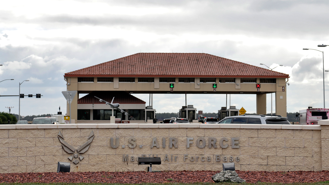 The main gate at MacDill Air Force Base Friday, Jan. 13, 2017, in Tampa, Fla.  (AP Photo/Chris O'Meara)