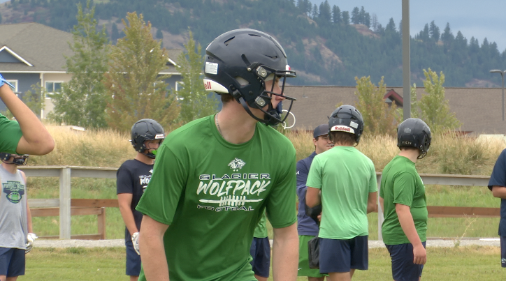 Glacier wide receiver Cooper Pelc lined up for a drill Friday, Aug. 14 2026