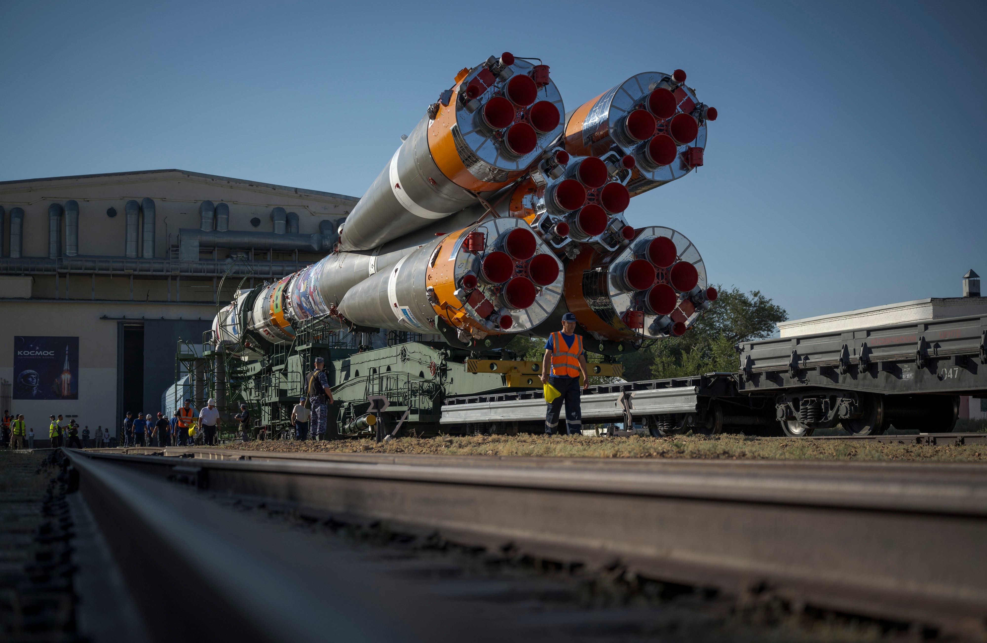 The Soyuz rocket is rolled out by train to the launch pad, Saturday, July 11, 2026, at Site 31 of the Baikonur Cosmodrome in Kazakhstan. 