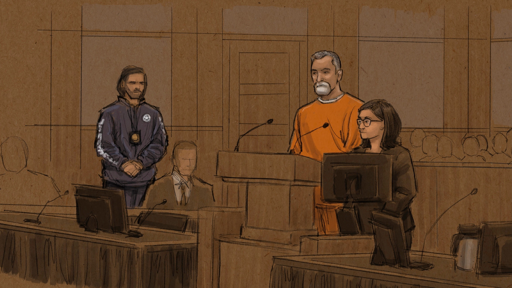 This courtroom sketch shows Vance Boelter, who is charged with killing the top Democrat in the Minnesota House and her husband and wounding a state senator and his wife, appears at federal court in Minneapolis on Aug. 7, 2025. 