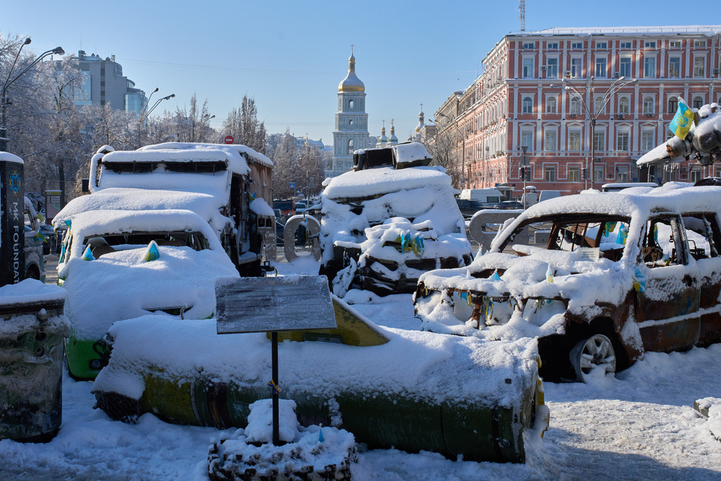 Snow covered, damaged Russian military vehicles are on display in downtown Kyiv, Ukraine.