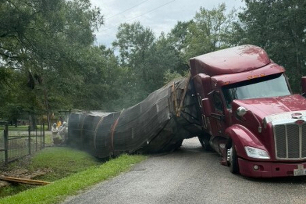 A semitrailer carrying about 400 beehives toppled over, allowing millions of bees to escape into a rural neighborhood in Orange, Texas, on June 21, 2026. 