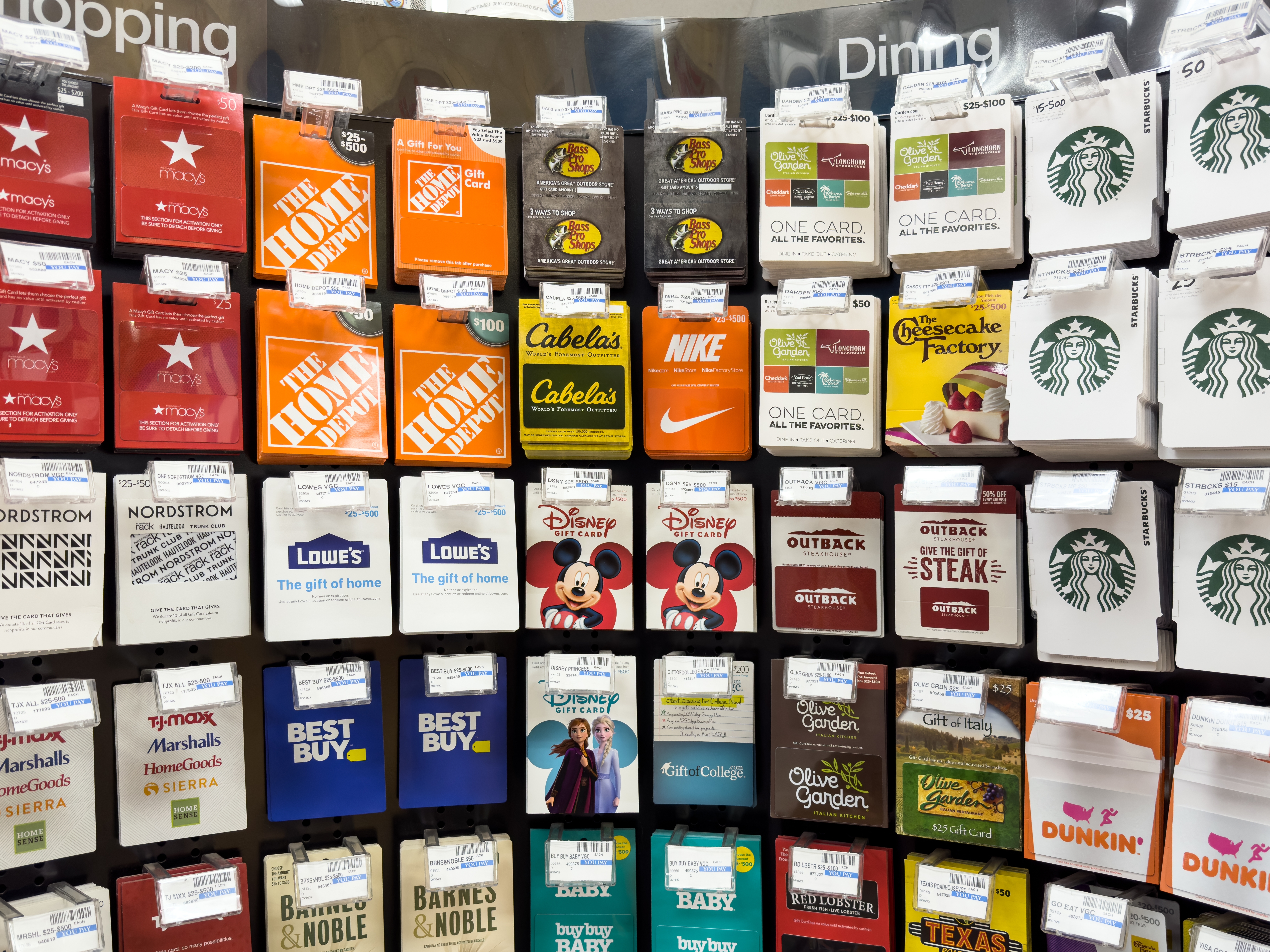 A selection of gift cards for sales in CVS store