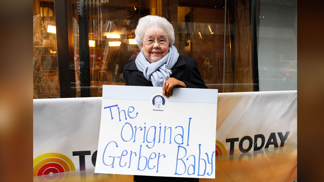 In this photo provided by Gerber, Ann Turner Cook, whose baby face launched the iconic Gerber logo, arrives at NBC's Today Show to announce the winner of the 2012 Gerber Generation Photo Search on Tuesday, Nov. 6, 2012 in New York City. 