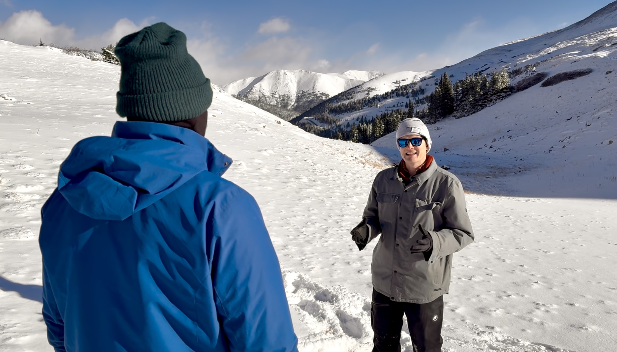 Denver7's Ryan Fish (left) with backcountry skier and AI data engineer Denny Schaedig (right).