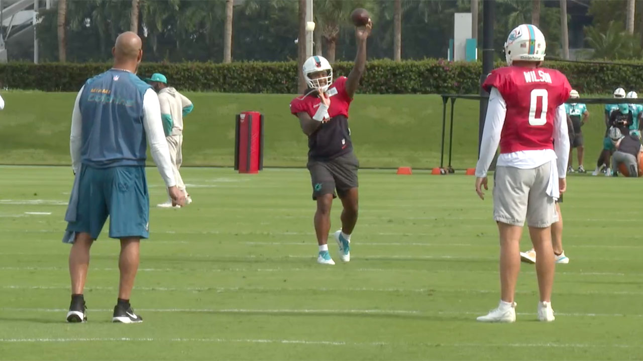Miami Dolphins quarterback Tua Tagovailoa throws a pass at practice in Miami Gardens, Florida, on Dec. 11, 2025.