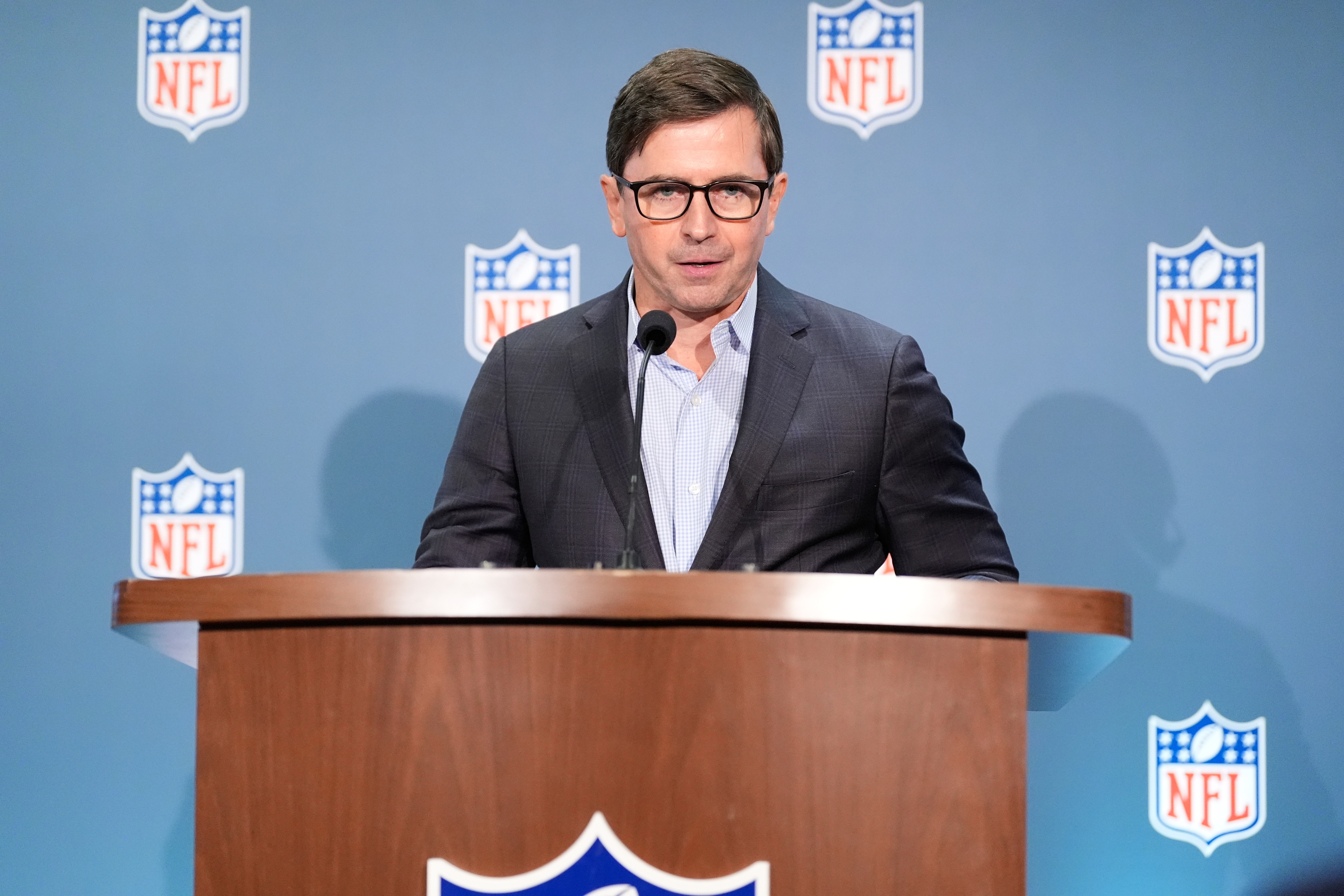 Peter O'Reilly, the NFL's Executive Vice President of Club Business speaks during a news conference during an NFL football owners meeting on Wednesday, Aug. 26, 2026, in Atlanta. 