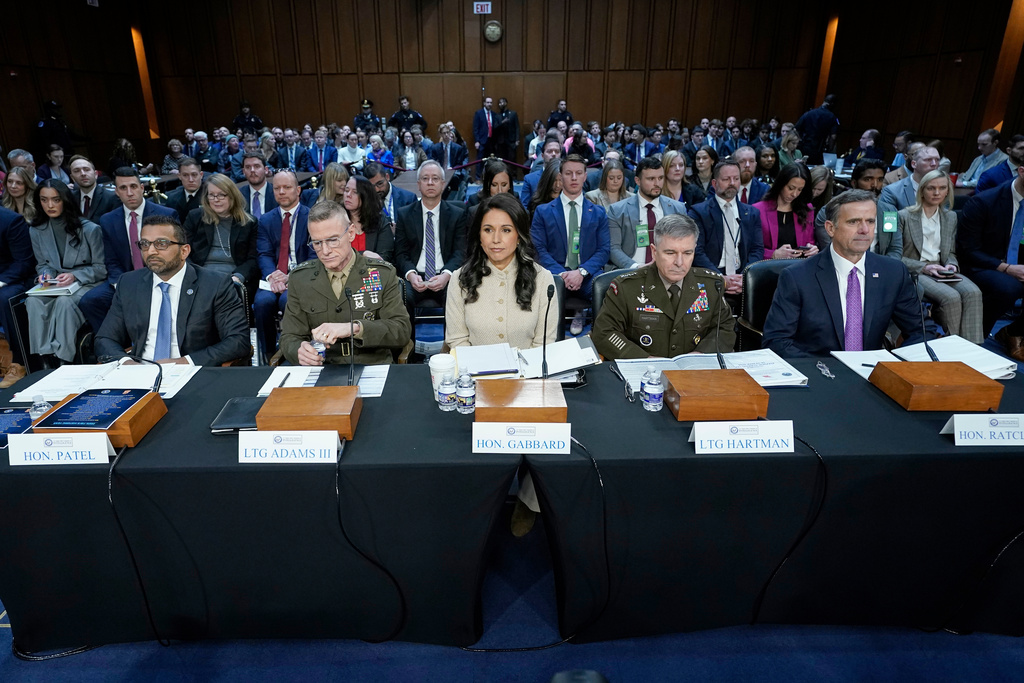 From left, FBI Director Kash Patel, Defense Intelligence Agency Director James Adams, Director of National Intelligence Tulsi Gabbard, Acting Commander of the U.S. Cyber Command William Hartman, and CIA Director John Ratcliffe are seated before the Senate Committee on Intelligence hearings to examine worldwide threats on Capitol Hill Wednesday, March 18, 2026, in Washington.