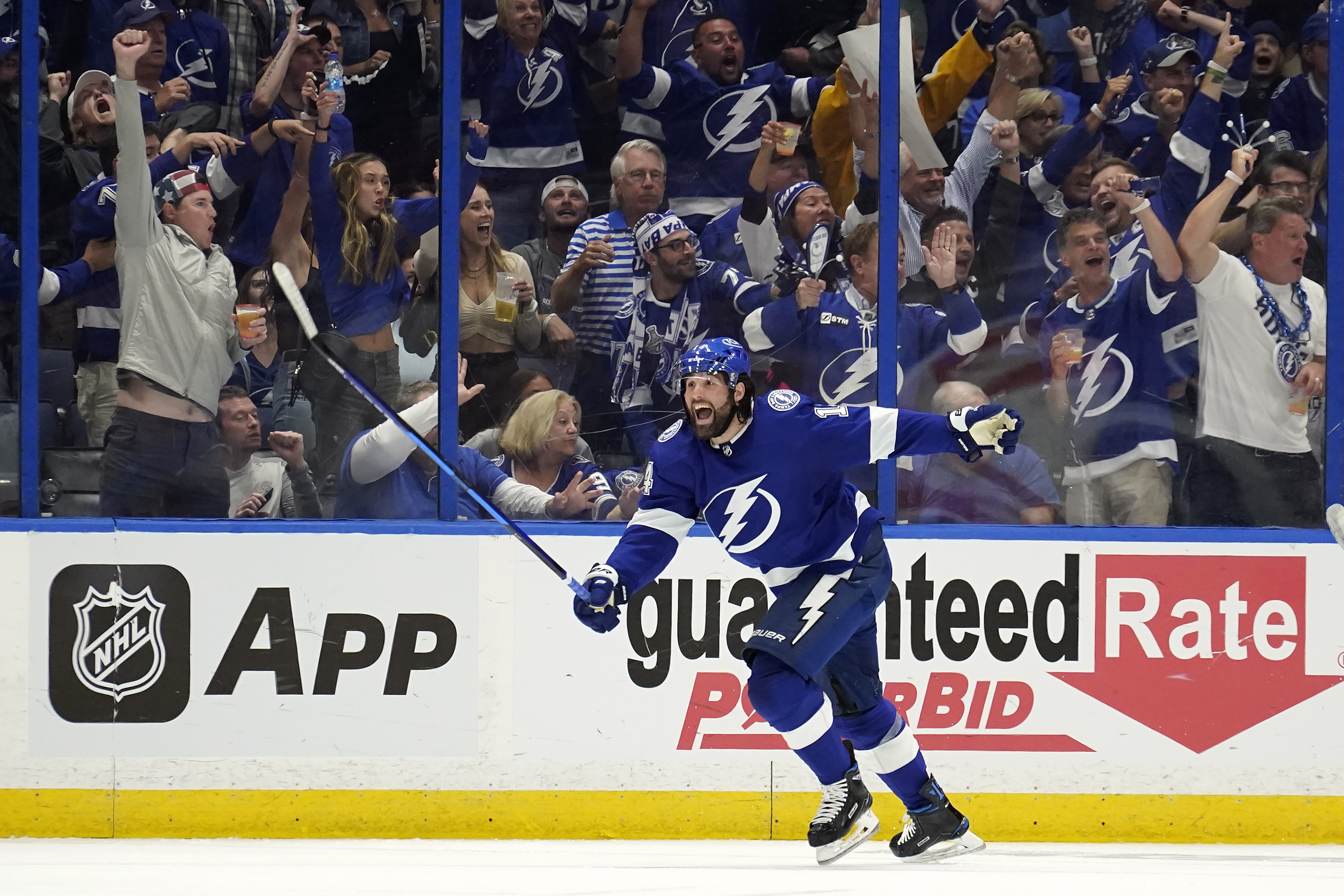 Tampa Bay Lightning left wing Pat Maroon celebrates after scoring goal vs. Florida Panthers, May 23, 2022