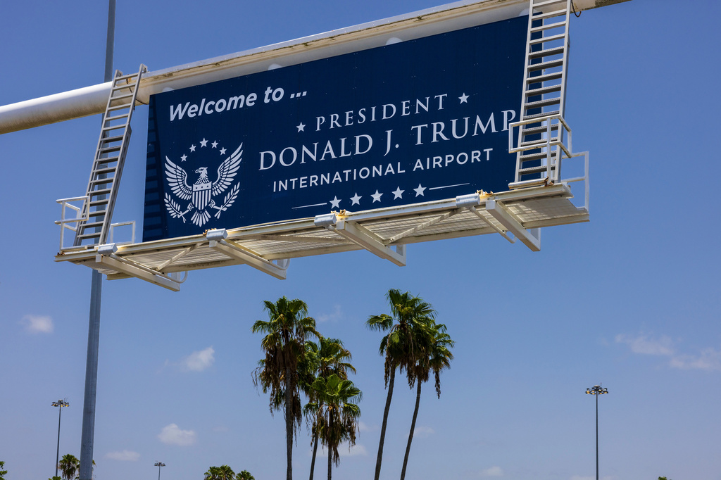 A sign displaying the name of the rebranded Donald J. Trump International Airport in West Palm Beach, Fla., is seen Thursday, July 9, 2026. 