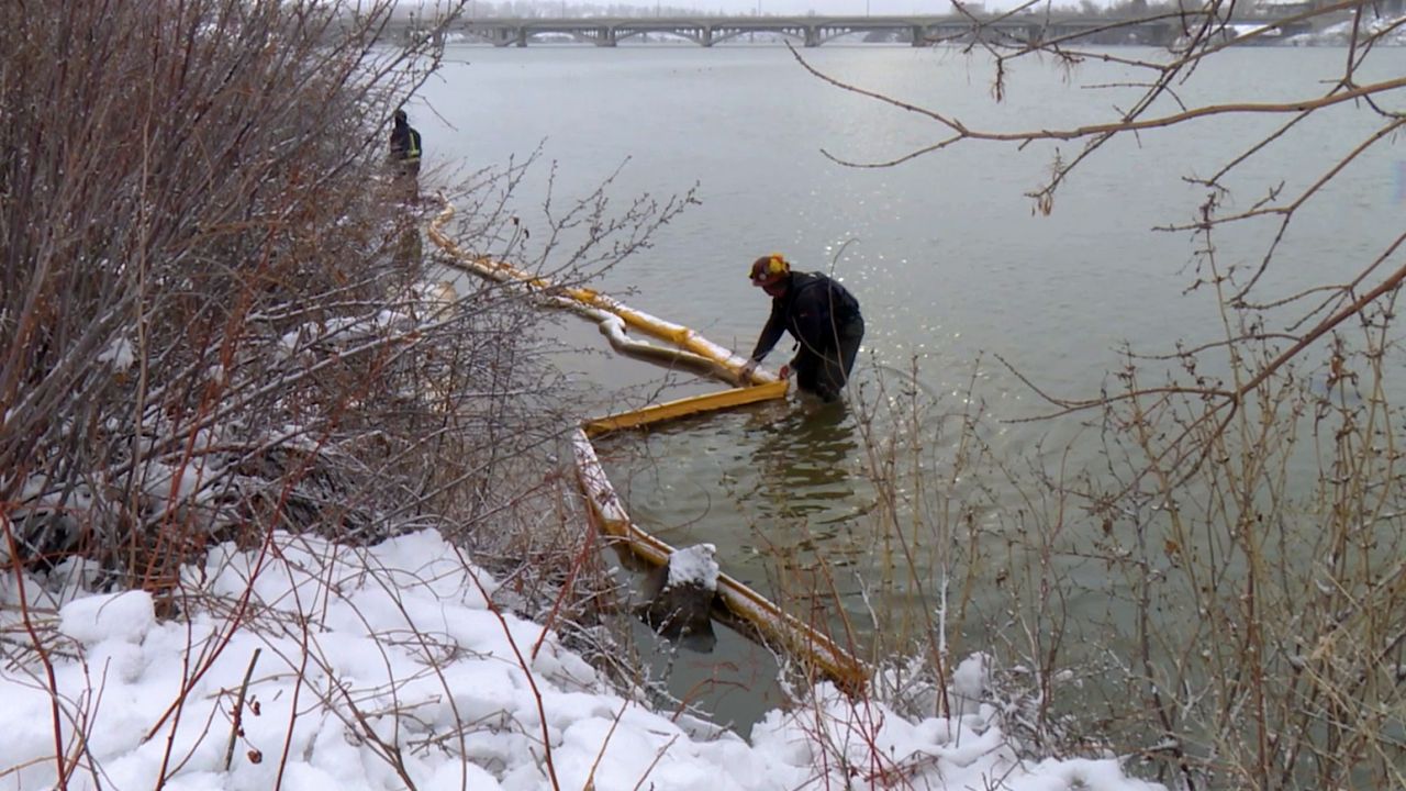 Calumet Montana has placed absorbent booms on the Missouri River