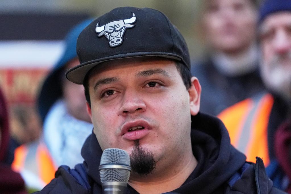 Kilmar Abrego Garcia speaks during a rally ahead of a mandatory check at the Immigration and Customs Enforcement office in Baltimore, Dec. 12, 2025, after he was released from detention on Thursday under a judge's order. 