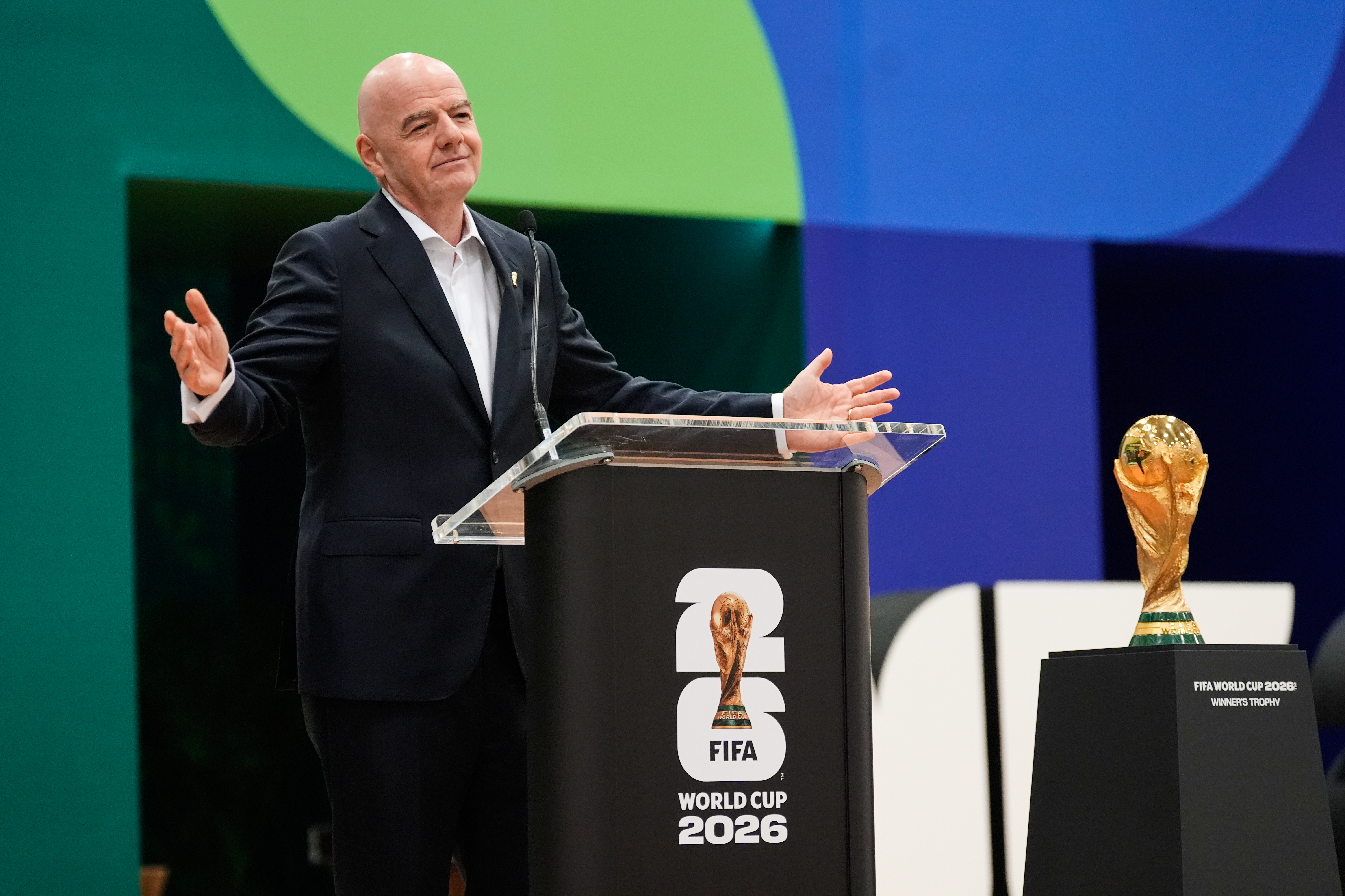 FIFA President Gianni Infantino makes comments during the opening ceremony of the International Broadcast Center Monday, June 1, 2026, in Dallas.