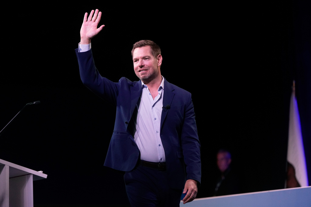 California gubernatorial candidate Eric Swalwell waves before speaking at the 2026 California Democratic Party State Convention in San Francisco, Saturday, Feb. 21, 2026. 
