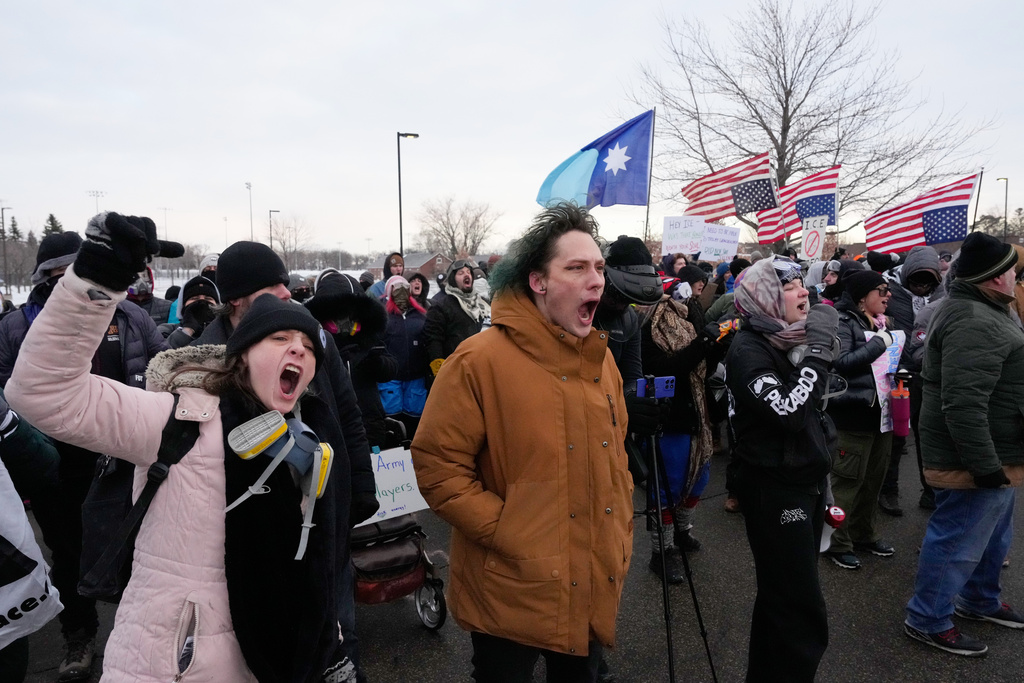 Protesters shout at federal law enforcement outside the Bishop Henry Whipple Federal Building on Saturday, Jan. 17, 2026, in Minneapolis. 