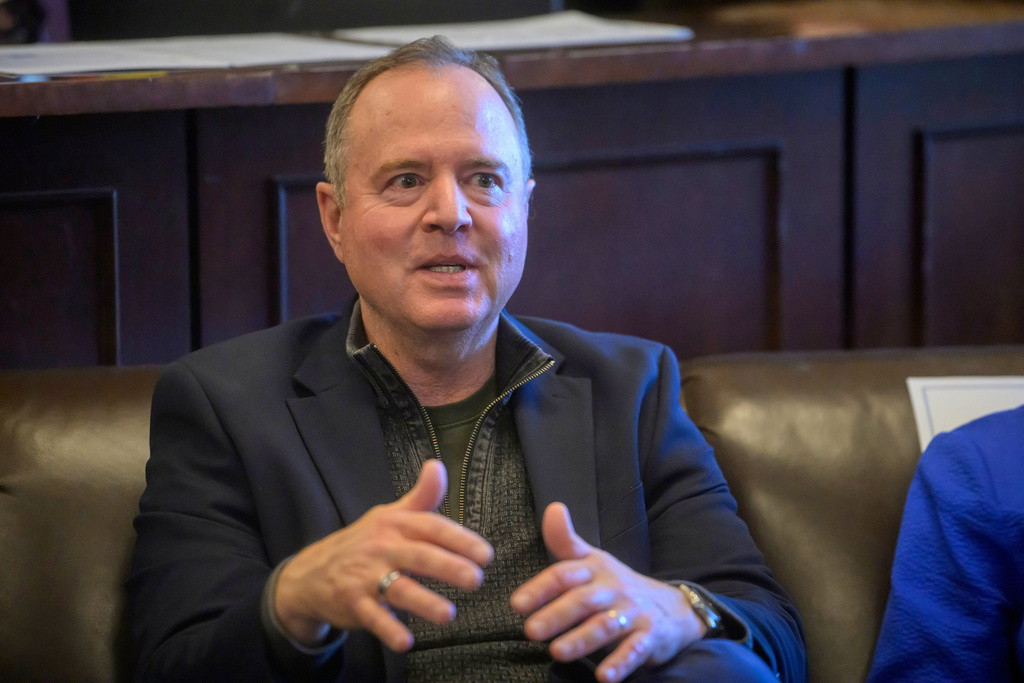 FILE - Sen. Adam Schiff, D-Calif., speaks during a press briefing on the Iran war powers resolution at the Capitol, March 9, 2026, in Washington. 