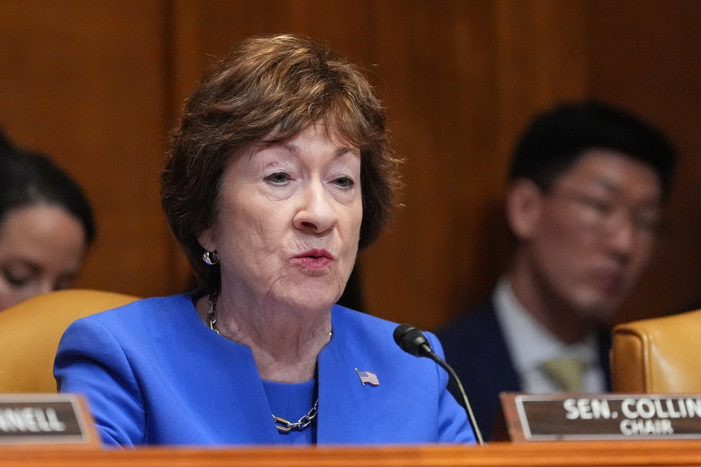 Sen. Susan Collins, R-Maine, questions Defense Secretary Pete Hegseth at a Senate Appropriations subcommittee on defense hearing on the budget request for the Department of Defense, Tuesday, May 12, 2026, in Washington