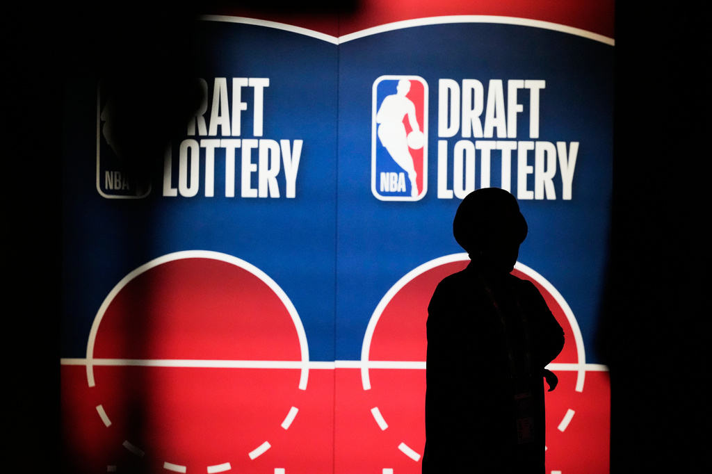 A person attends the NBA basketball draft lottery in Chicago, Sunday, May 10, 2026.