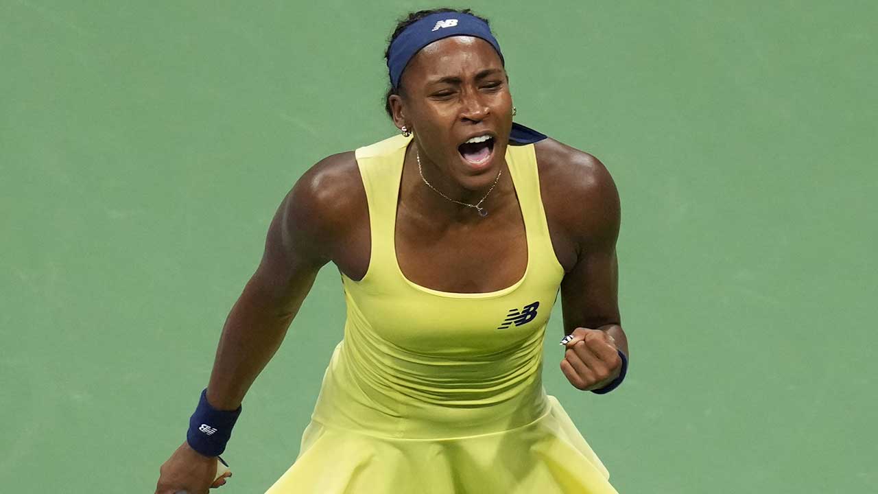 Coco Gauff, of the United States, reacts during the women's singles semifinals of the U.S. Open tennis championships against Elena Rybakina, of Kazakhstan, Thursday, Sept. 10, 2026, in New York.  