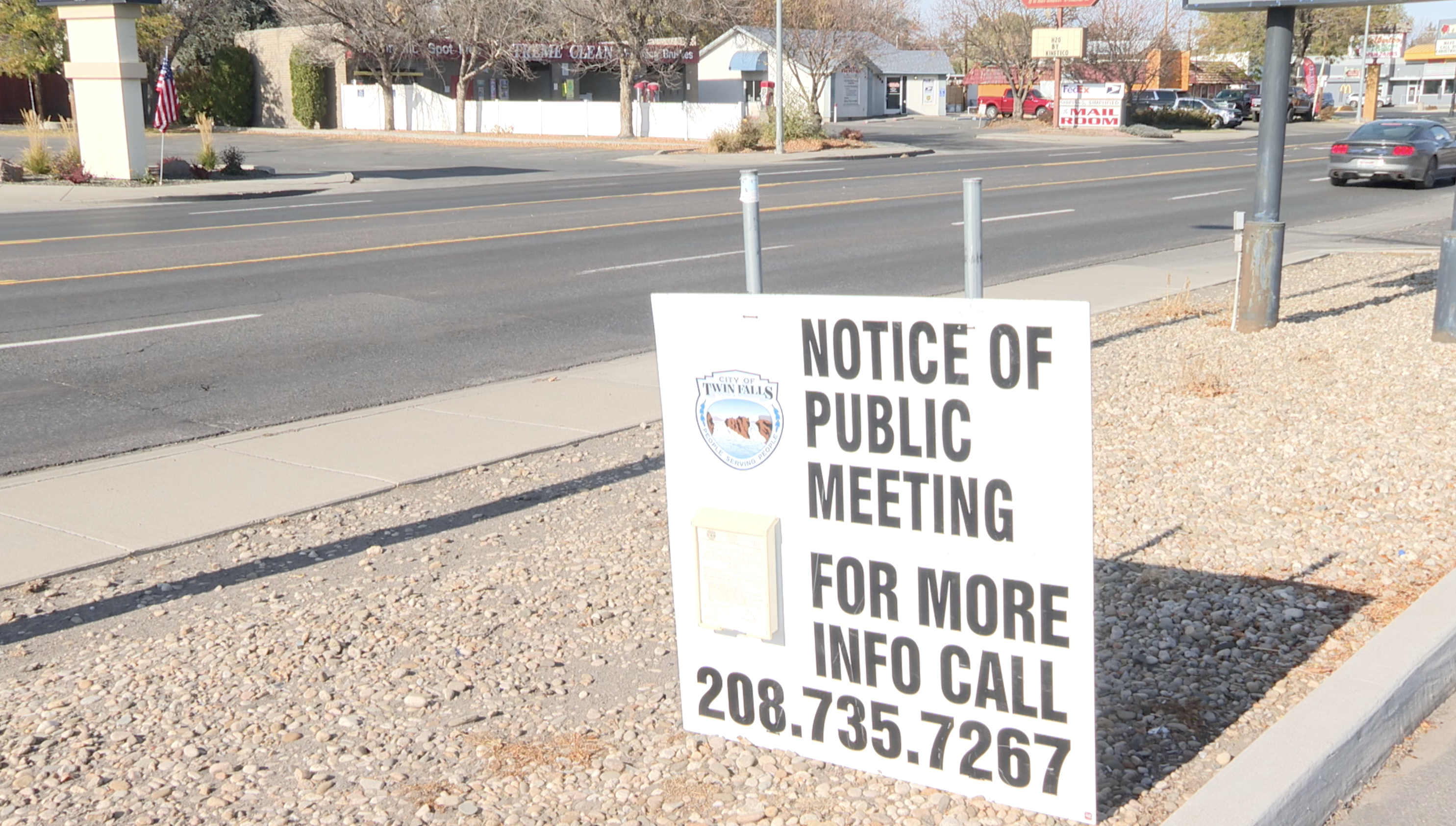 A sign announces a public meeting for vacant land on Blue Lakes Blvd, as seen on Monday, Nov. 11, 2024
