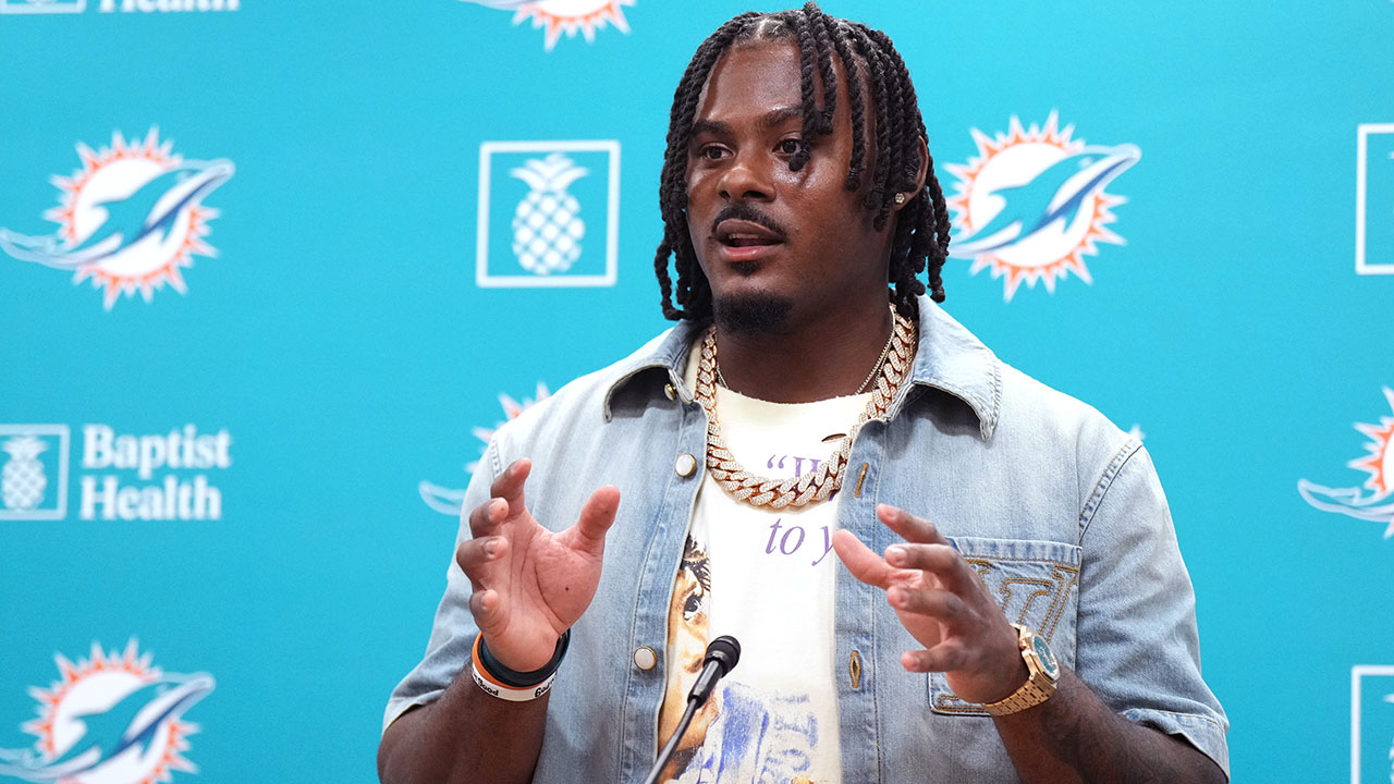Miami Dolphins' new quarterback Malik Willis speaks during a news conference at the NFL football team’s training complex, Thursday, March 12, 2026, in Miami Gardens, Fla.