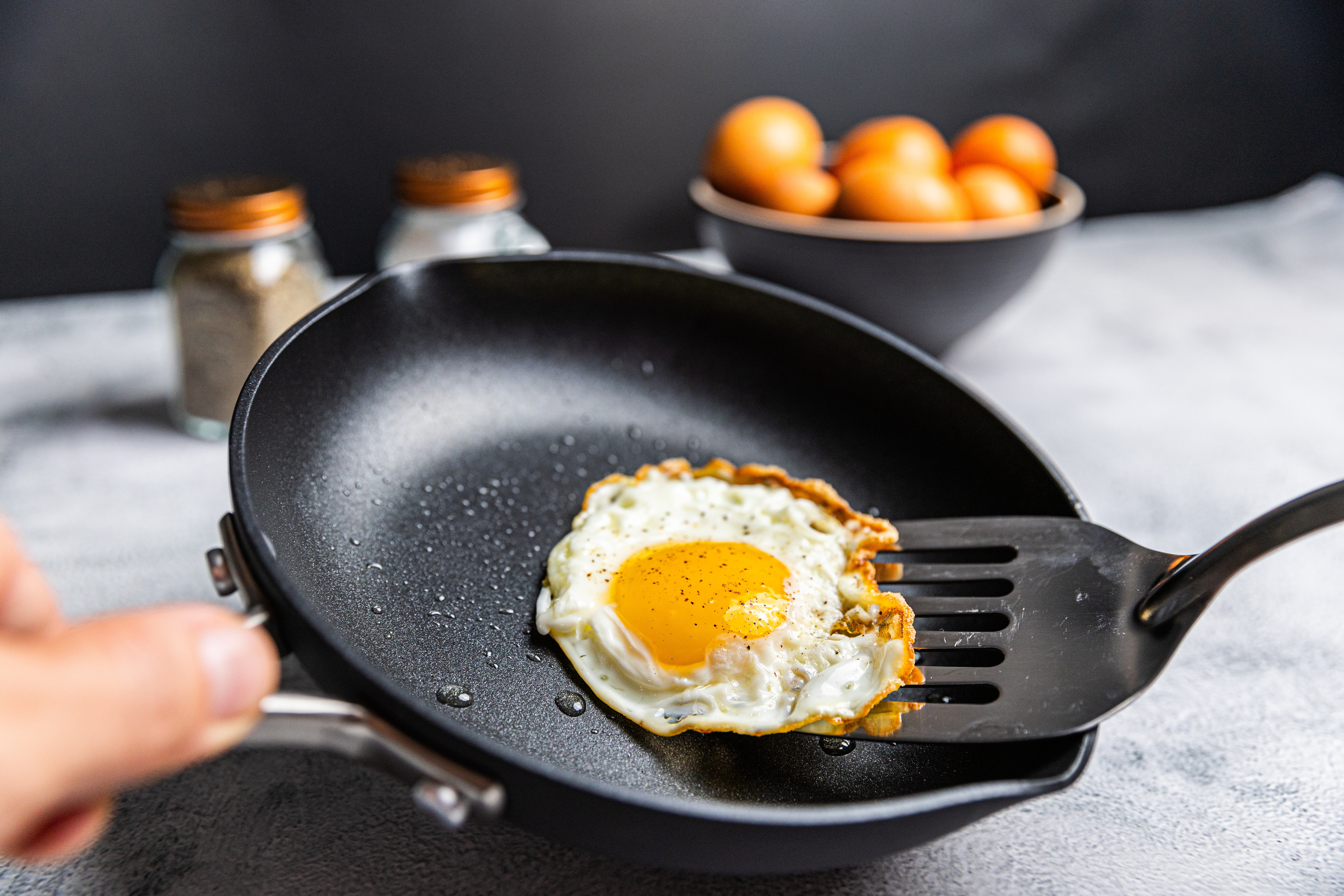 An egg in a nonstick pan