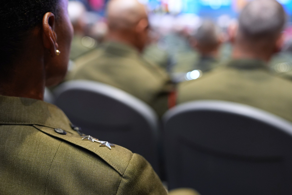 U.S. military senior leadership listen as President Donald Trump speaks at Marine Corps Base Quantico, Tuesday, Sept. 30, 2025 in Quantico, Va. 