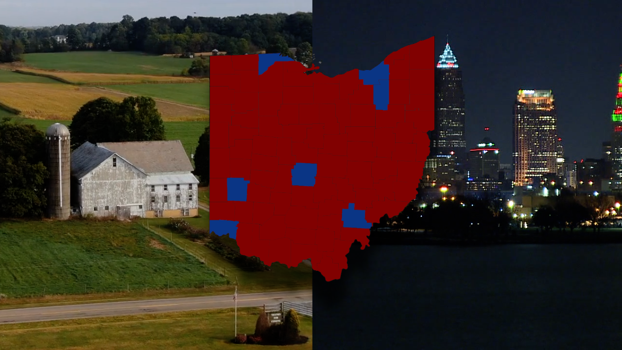 Ohio voting pattern map -- rural vs urban