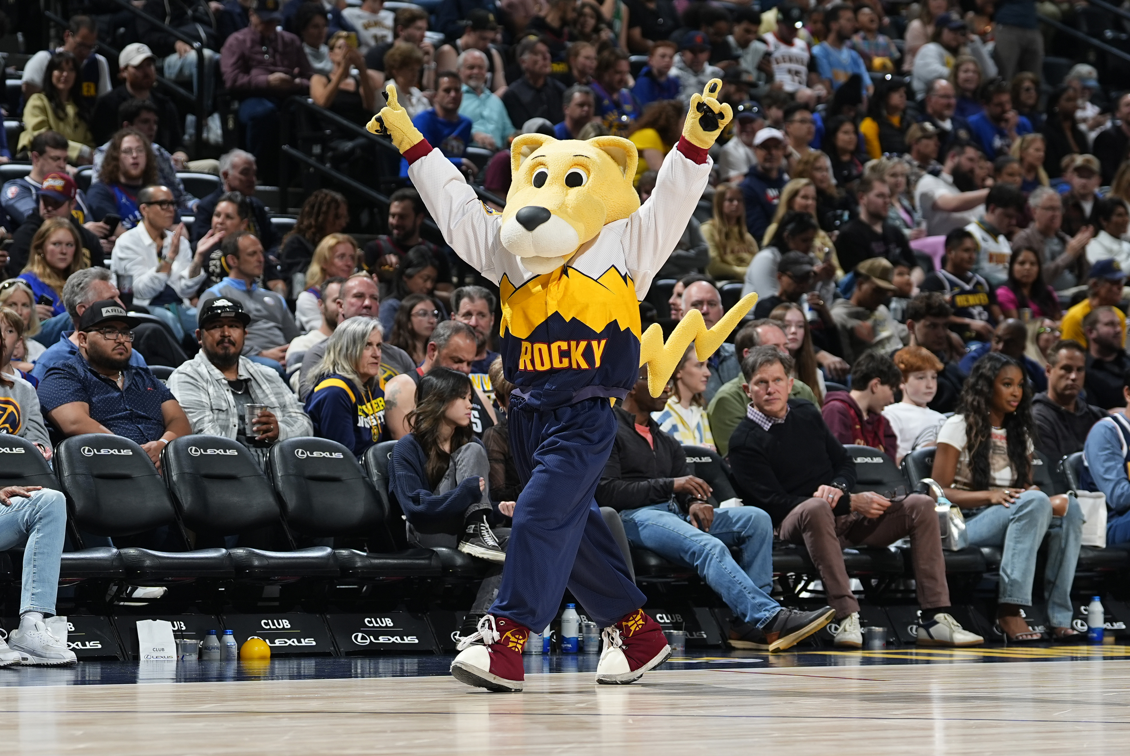 Denver Nuggets mascot Rocky the mountain lion in the second half of an NBA basketball game Sunday, March 31, 2024, in Denver.