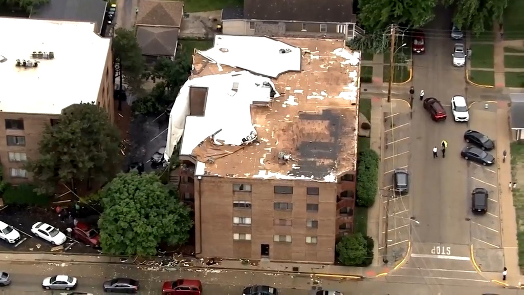 This frame grab from aerial video shows a building in Stickney, Illinois, after its roof was damaged by the severe storms that struck the Chicago area on Wednesday, June 10, 2026. 